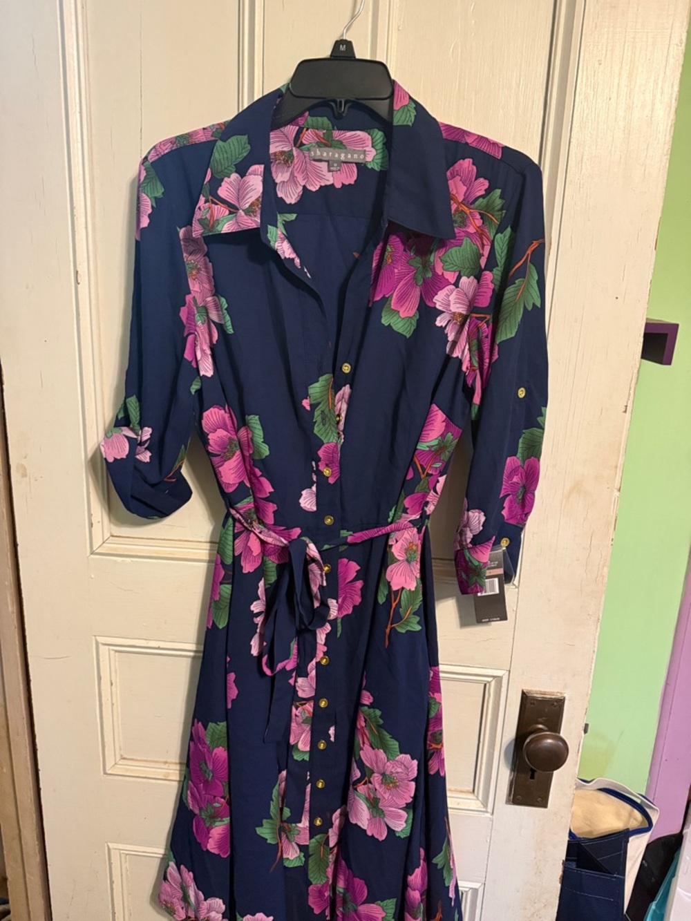 Sharagano Navy Floral Button-Front Maxi Dress NWT